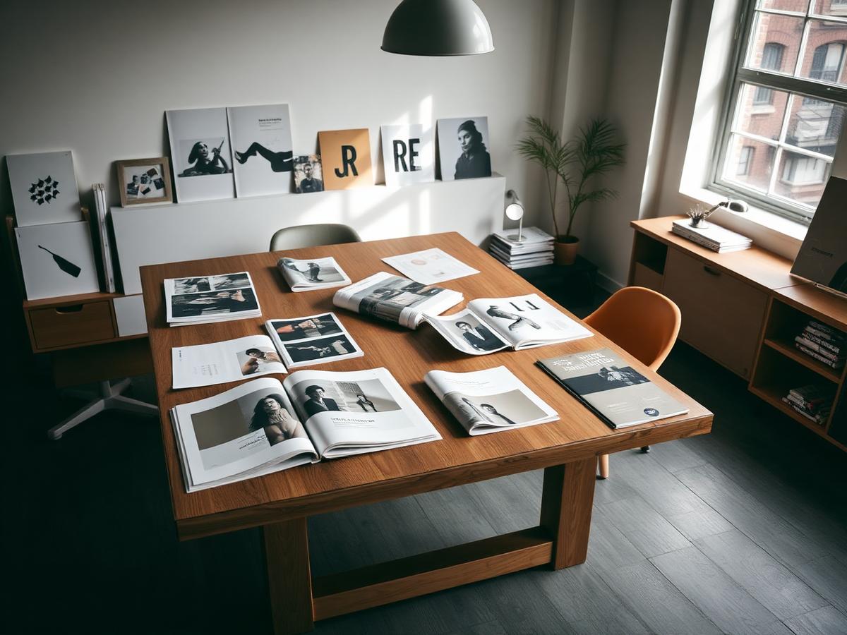 Table d'agence créative avec books et maquettes