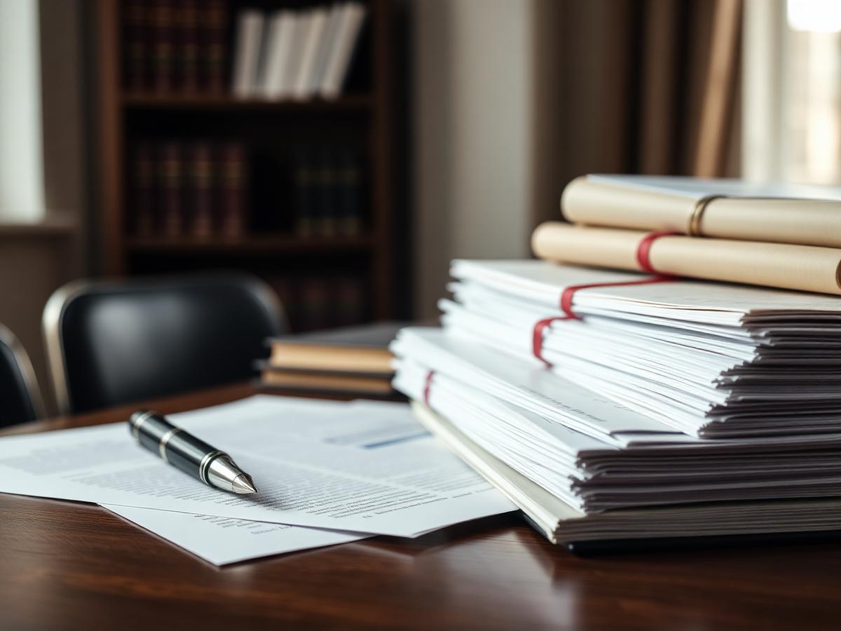 Dossiers juridiques et stylo sur un bureau d'étude