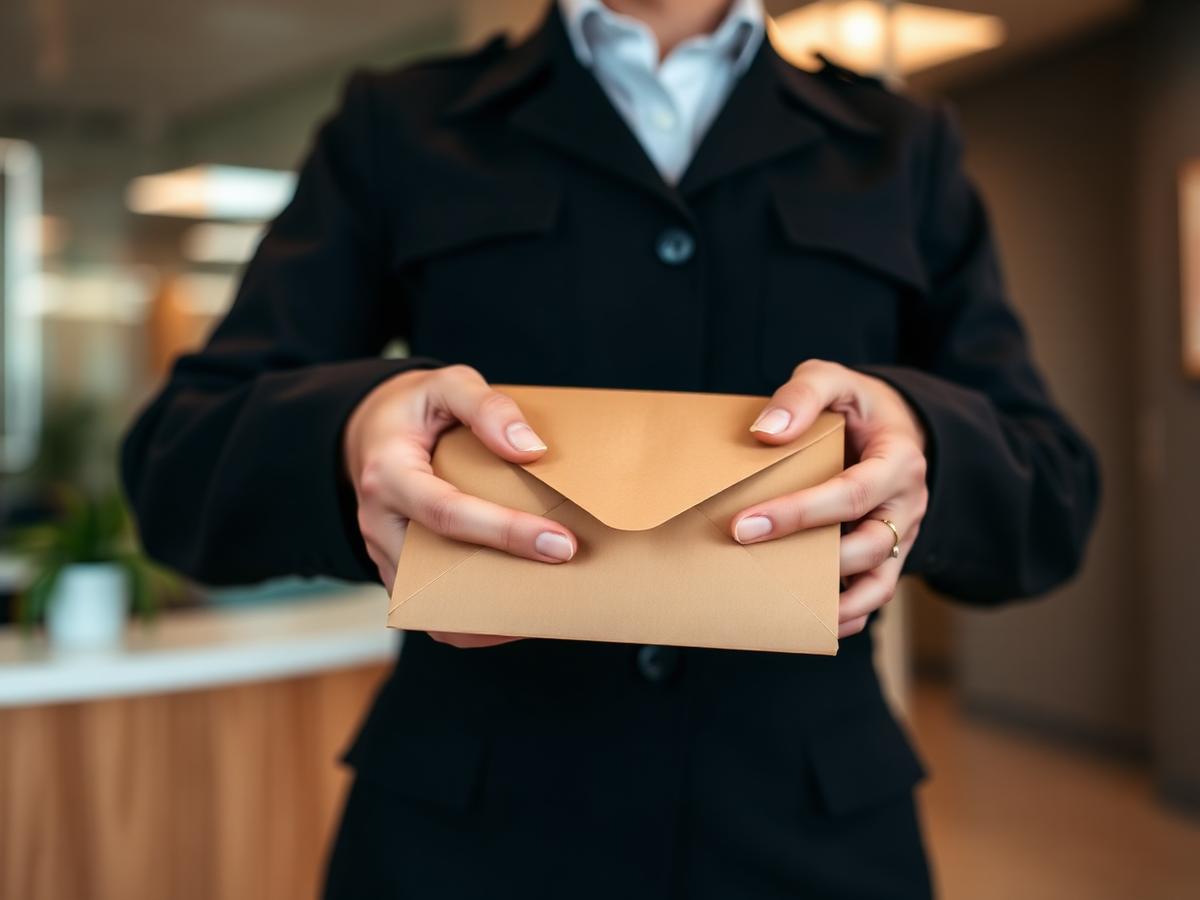 Remise en main propre d'une enveloppe scellée en réception d'entreprise