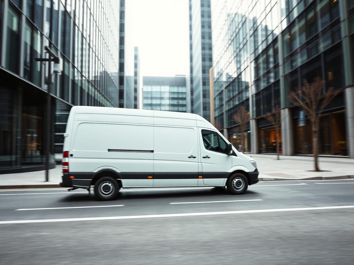 Utilitaire de livraison circulant entre des immeubles de bureaux