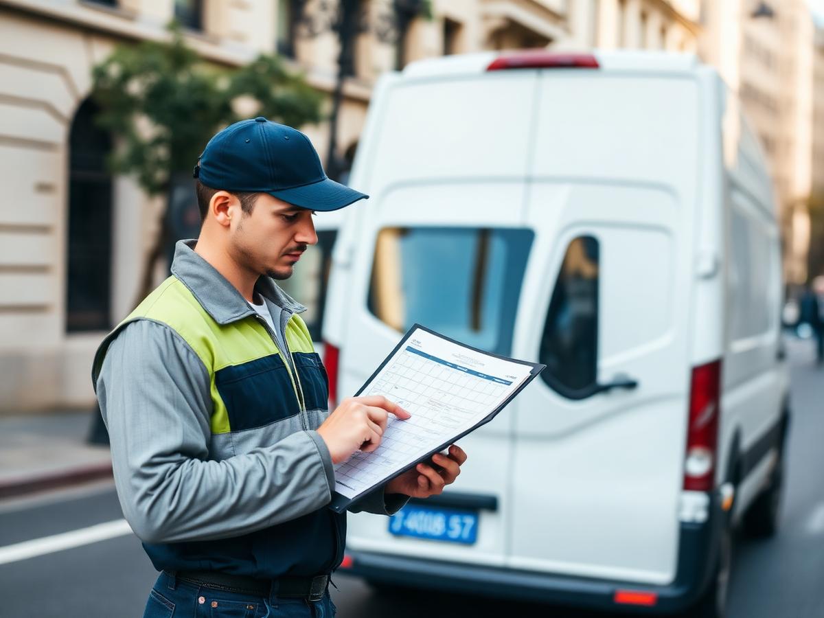 Coursier consultant son planning de tournée à côté d'un utilitaire